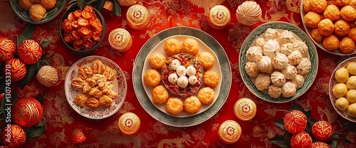 Festive Chinese New Year treats on red tablecloth