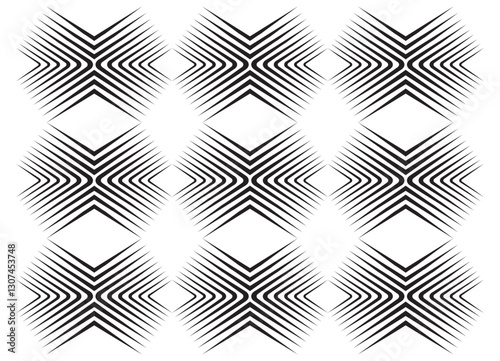 Striped symmetrical vector pattern in retro style with black lines on white background. Design element for covers, prints, packaging and graphic projects. Vector background.