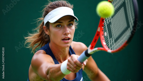 Professional female tennis player making powerful forehand stroke during match
