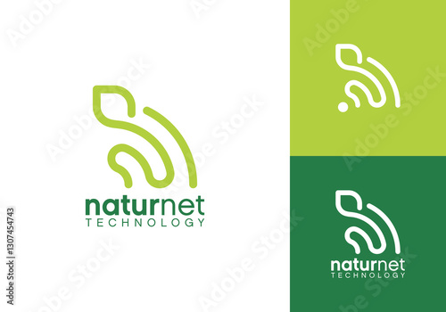 leaf and signal logo. nature network technology logo vector design