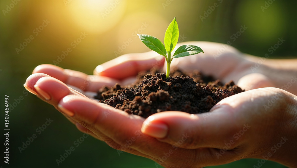 Woman holding small plant growing in sunlight Woman holding small plant growing in sunlight