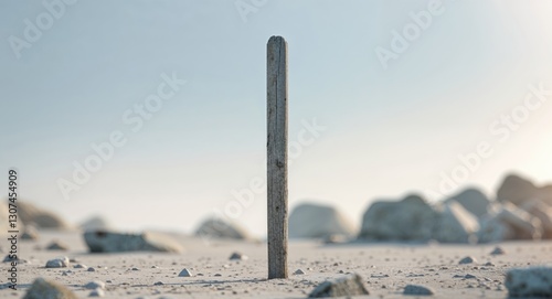 Wooden Stake in Sunlit Rocky Landscape Scenic Summer Day.