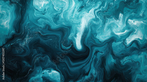 Abstract turquoise and white fluid art with swirling patterns and textures