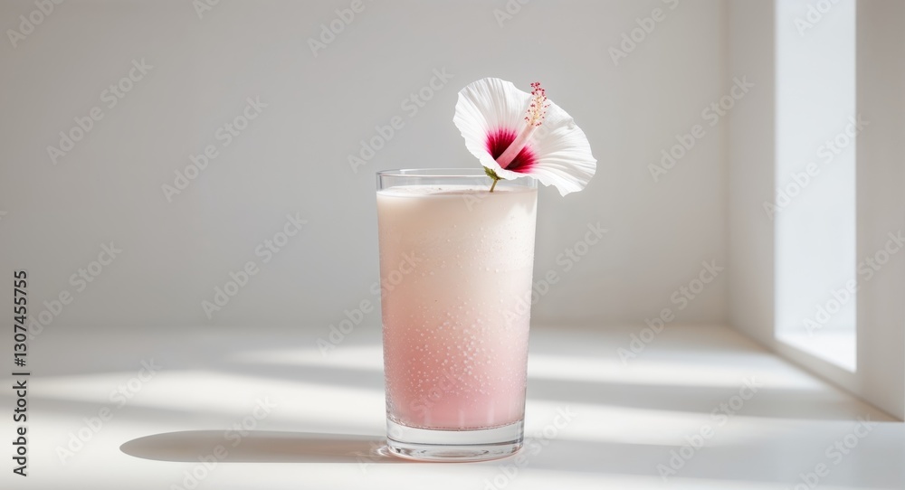 Glass of hibiscus vanilla almond milk cooler with flower garnish on top Glass of hibiscus vanilla almond milk cooler with flower garnish on top