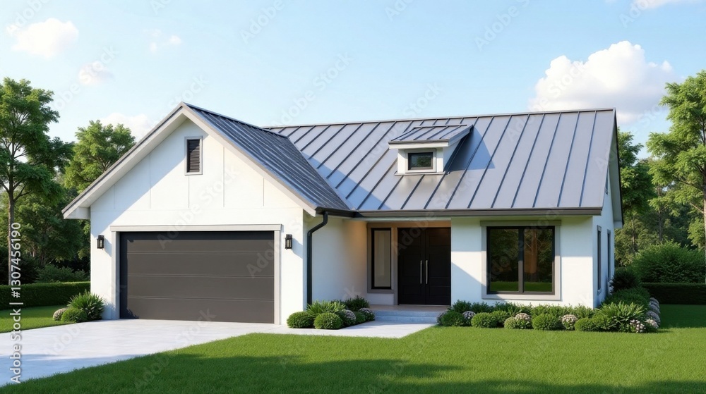 Modern Ranch House with Metal Roof and Attached Garage, Landscaped Yard, and Expansive Windows Modern Ranch House with Metal Roof and Attached Garage, Landscaped Yard, and Expansive Windows