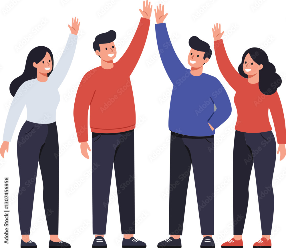 Fototapeta premium Four cheerful friends celebrating together with raised hands in a flat design vector illustration, conveying joy and camaraderie in a vibrant setting