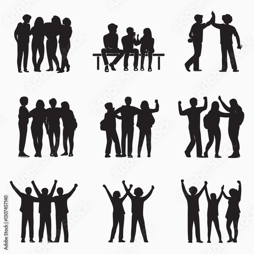 Set of people icons – man and woman. Three Teens Walking SilhouetteGroups (All People Are Complete and Moveable) friendship silhouette