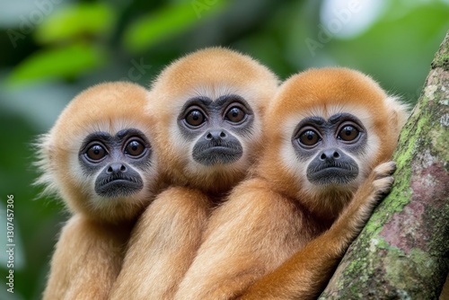 A family of gibbons brachiating through the treetops, their long arms stretched between branches photo
