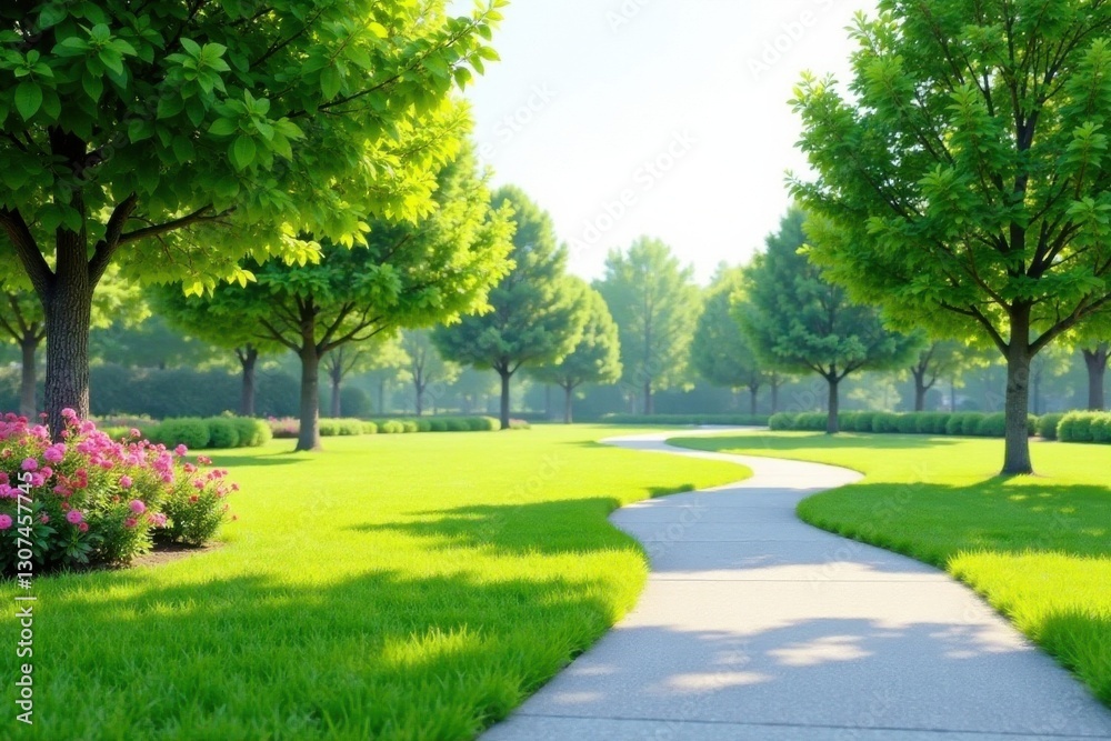 Serene Pathway Winding Through Lush Greenery and Blooming Flowers on a Sunny Day Serene Pathway Winding Through Lush Greenery and Blooming Flowers on a Sunny Day