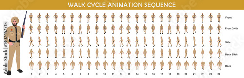Police Officer Character walk cycle animation sequence. Front walk frame by frame animation sprite sheet.