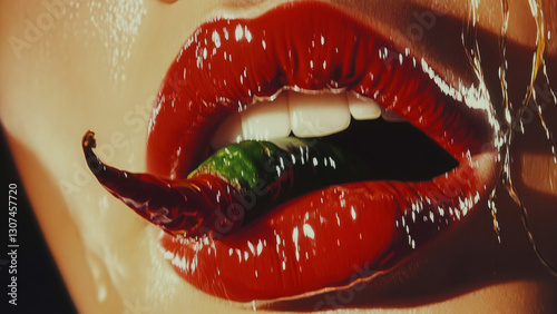 Glossy red lips biting a hot chili pepper, creating a bold and seductive visual.