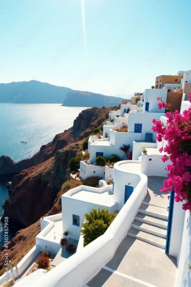 Obraz premium Sun-kissed Whitewashed Houses Cascading Down a Cliffside, Overlooking a Serene Azure Sea, Adorned with Vibrant Pink Blossoms