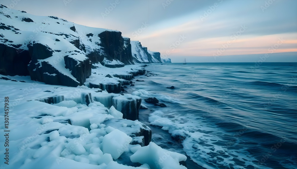 Fototapeta premium a rocky cliff covered in snow next to the ocean