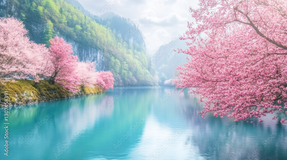 Serene lake with cherry blossoms and lush green hills in springtime Serene lake with cherry blossoms and lush green hills in springtime