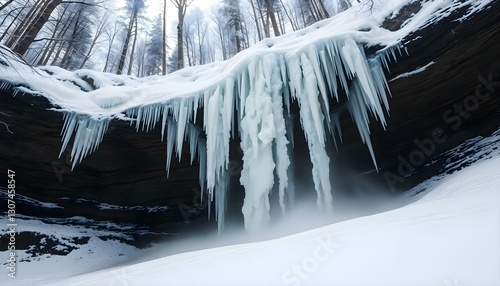 a frozen waterfall in the middle of a snowy forest