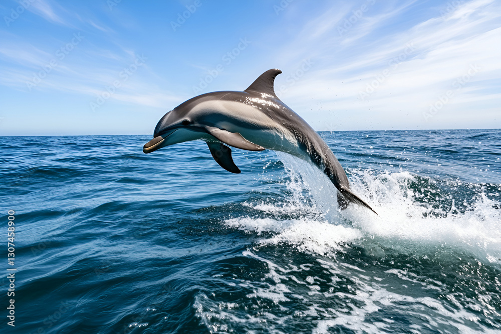 Fototapeta premium Dolphin leaping gracefully over ocean waves under blue sky