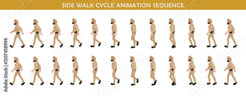 Police Officer Character walk cycle animation sequence. Front walk frame by frame animation sprite sheet.