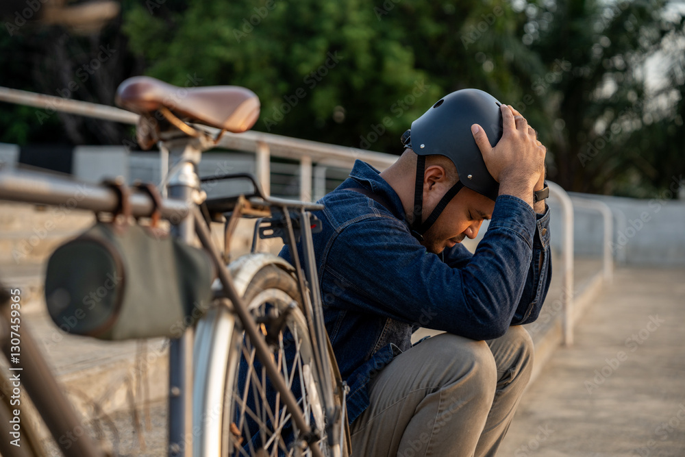 Obraz premium Stressed asian tourist man sitting near bicycle in the urban city background
