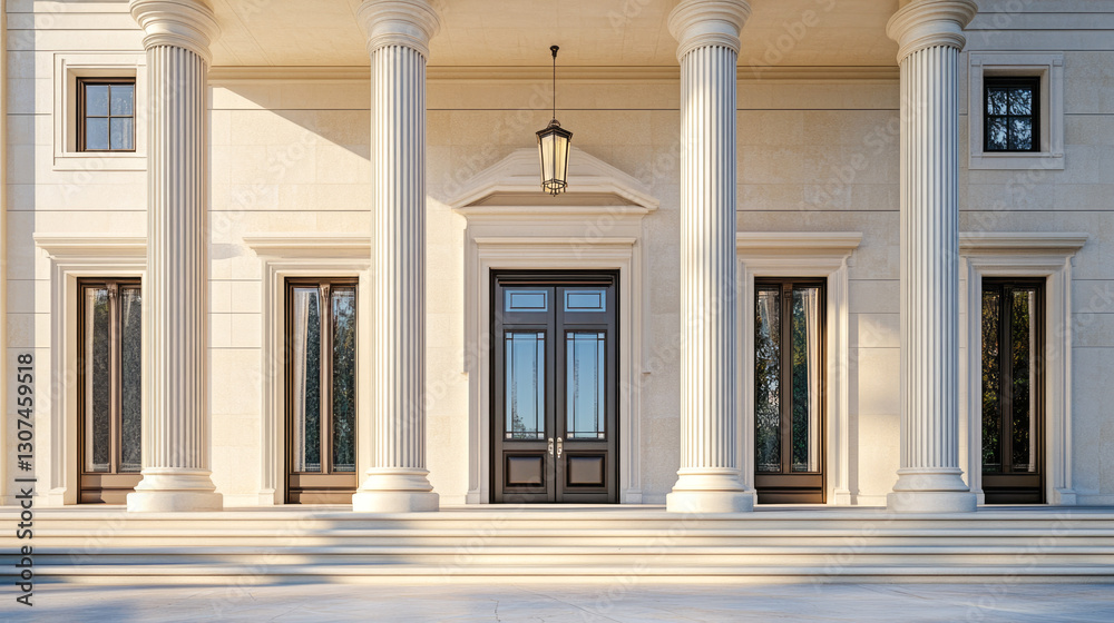 Grand entrance of neoclassical building with tall columns and symmetrical design Grand entrance of neoclassical building with tall columns and symmetrical design