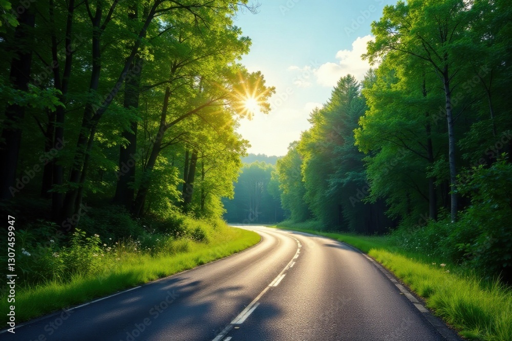 Sunlit Winding Road Through Lush Green Forest Canopy Sunlit Winding Road Through Lush Green Forest Canopy