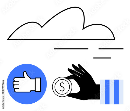 Coin held by black hand, thumbs-up icon, abstract cloud element suggesting online services. Ideal for finance, technology, cloud storage, virtual economy, approval, modern systems digital solutions