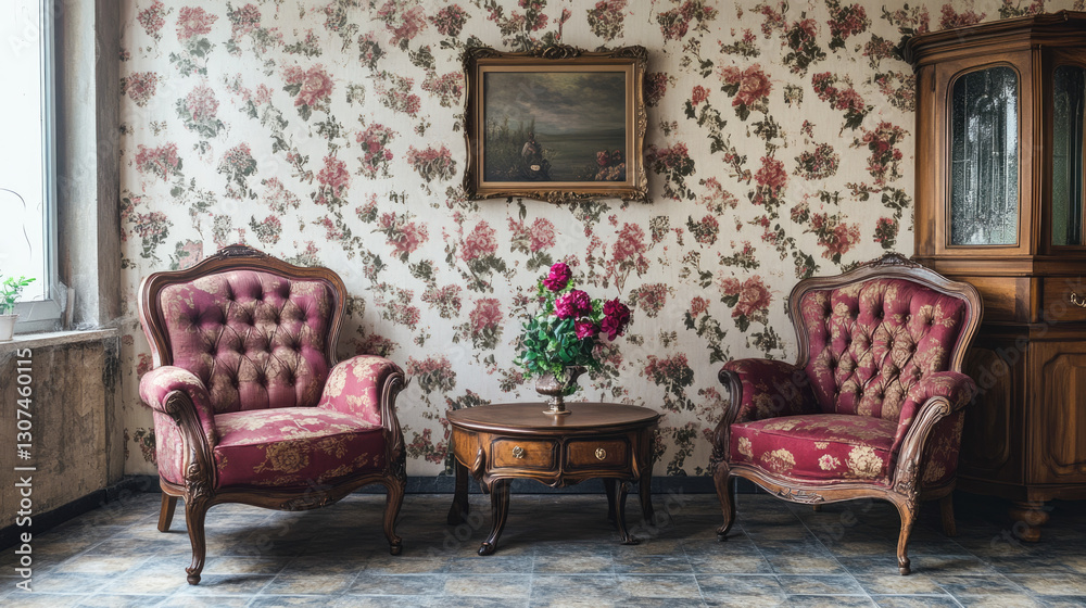 Obraz premium Vintage living room with floral wallpaper and victorian furniture