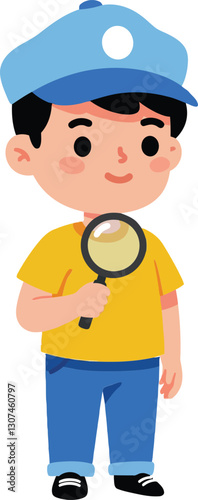 Curious boy with a magnifying glass wearing a blue cap and yellow shirt in a cheerful flat vector illustration