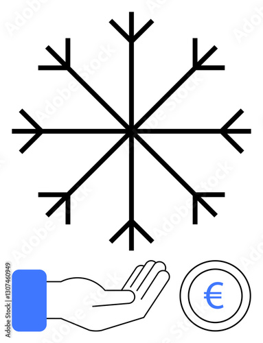 Snowflake, open hand, and euro coin illustrate themes of winter, charity, financial support, generosity, aid, resource allocation and humanitarian relief. Ideal for financial nonprofit or seasonal