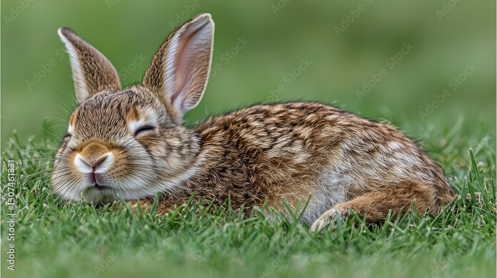 Cute bunny naps in green meadow, blurred background Cute bunny naps in green meadow, blurred background