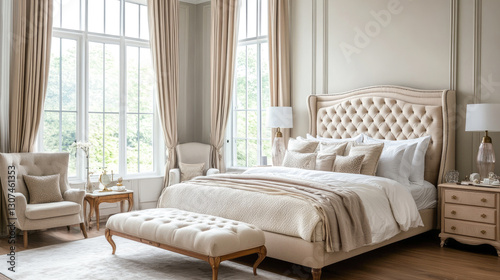 Elegant beige bedroom with plush furniture and large windows in bright interior