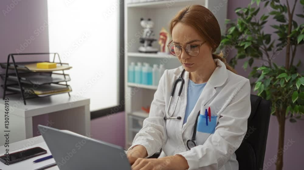 Female doctor using laptop in modern clinic office with medical decor, wearing glasses and stethoscope, focused on work. Female doctor using laptop in modern clinic office with medical decor, wearing glasses and stethoscope, focused on work.