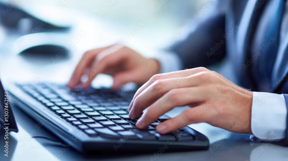 Fototapeta premium Close-up of male hands typing on computer keyboard in office setting
