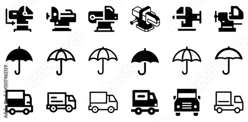"Heavy-Duty Vise, Umbrella, and Truck Icon Set – Utility and Protection Vector Symbols"