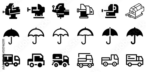 "Heavy-Duty Vise, Umbrella, and Truck Icon Set – Utility and Protection Vector Symbols"