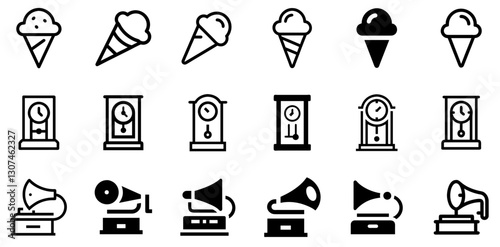 "Ice Cream Cone, Grandfather Clock, and Gramophone Icon Set – Vintage and Sweet Vector Symbols"