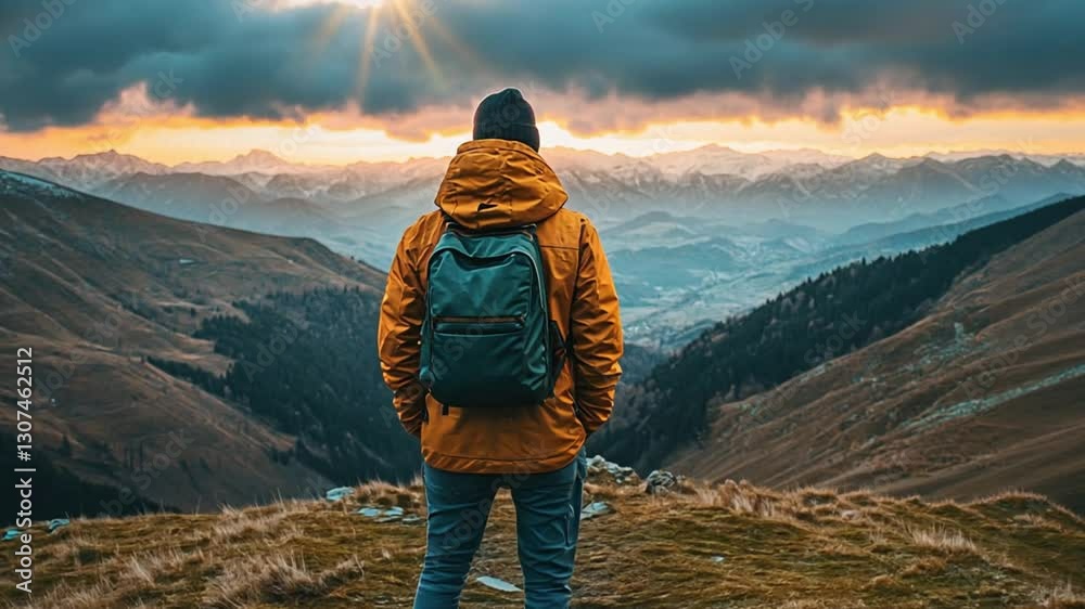 Back view of a solo traveler wearing a backpack standing on a mountain peak, admiring the vast landscape and golden sunset, symbolizing adventure and exploration.