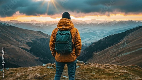 Back view of a solo traveler wearing a backpack standing on a mountain peak, admiring the vast landscape and golden sunset, symbolizing adventure and exploration.