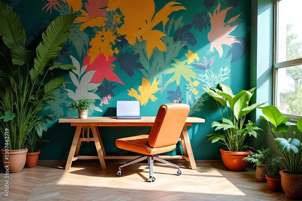 Tropical Home Office Decor with Plants and Wooden Desk Tropical Home Office Decor with Plants and Wooden Desk