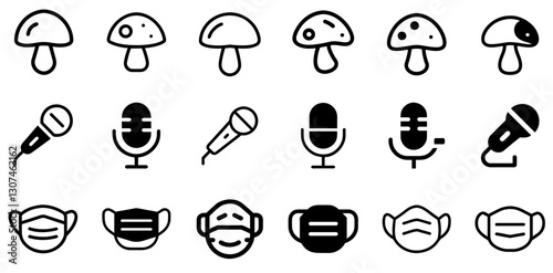 "Mushroom, Microphone, and Medical Mask Icon Set – Nature, Communication, and Health Vector Symbols"