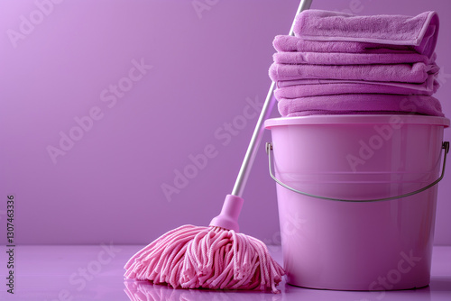 Mop and Cleaning Equipment on a Pastel Background, Housekeeping and Hygiene Concept  
