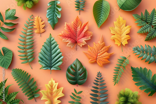 Colorful Various Leaves on a Pastel Background, Nature and Botanical Concept  
