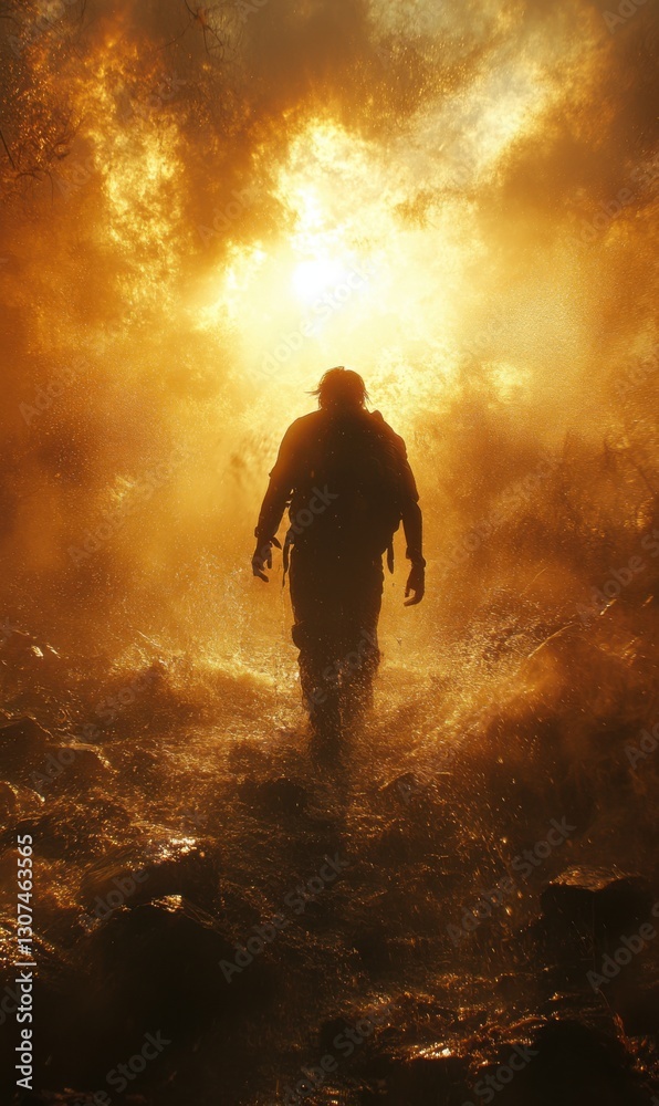 Silhouette of a lone figure walking through dense fog and fire Silhouette of a lone figure walking through dense fog and fire