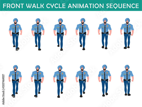 Police Officer Character walk cycle animation sequence. Front walk frame by frame animation sprite sheet.