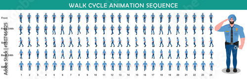 Police Officer Character walk cycle animation sequence. Front walk frame by frame animation sprite sheet.