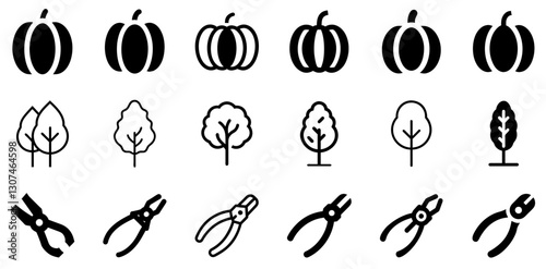 "Pumpkin, Poplar, and Pliers Icon Set – Autumn and Utility Vector Symbols"
