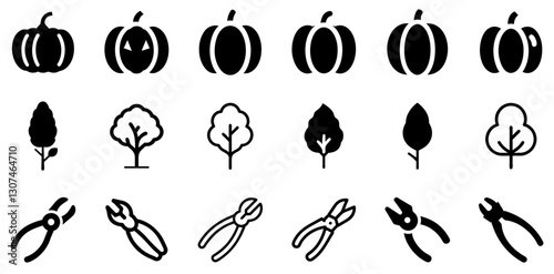 "Pumpkin, Poplar, and Pliers Icon Set – Autumn and Utility Vector Symbols"