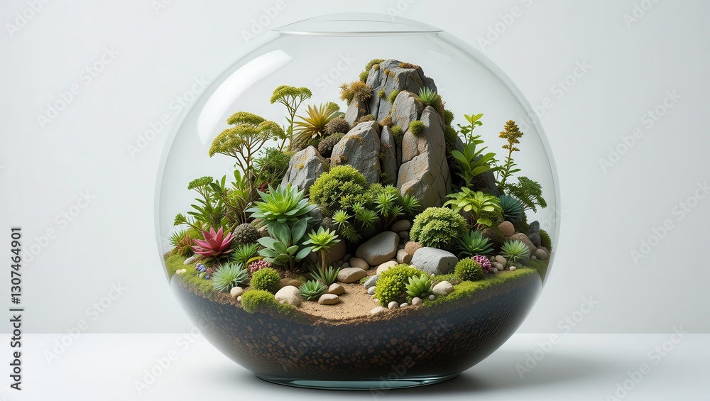 Spherical terrarium, miniature mountain landscape Spherical terrarium, miniature mountain landscape