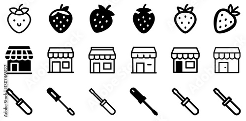 "Strawberry, Shop, and Screwdriver Icon Set – Fresh and Practical Vector Symbols"