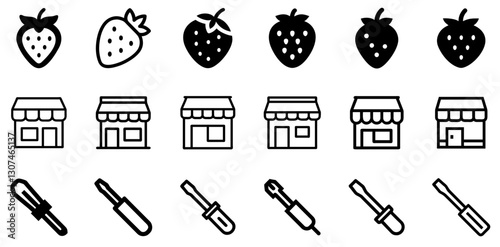 "Strawberry, Shop, and Screwdriver Icon Set – Fresh and Practical Vector Symbols"