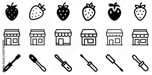 "Strawberry, Shop, and Screwdriver Icon Set – Fresh and Practical Vector Symbols"